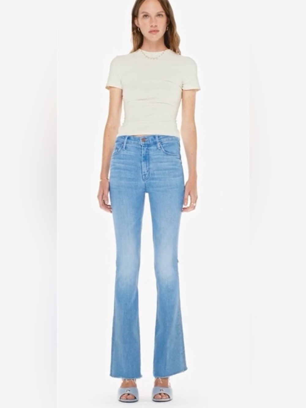 MOTHER Denim The Weekender Fray Mid Rise Flare Blue Jeans Satisfy Your Cravings